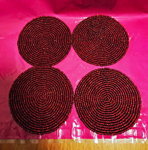 Vtg Collectible Set Of 4 Deep Red Beaded Coasters With Holder 4" Diameter